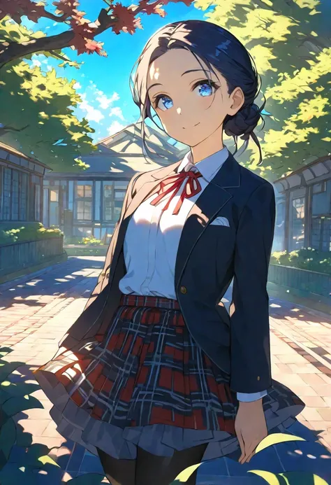 Nsfw, Masterpiece, hdr, bloom, 4k, Anime-style illustration featuring a beautiful female student with dark blue hair, Boyish hairstyle, no bangs, blue eyes. 17age, Small in stature, medium breast, She is wearing a formal school uniform consisting of a blac...