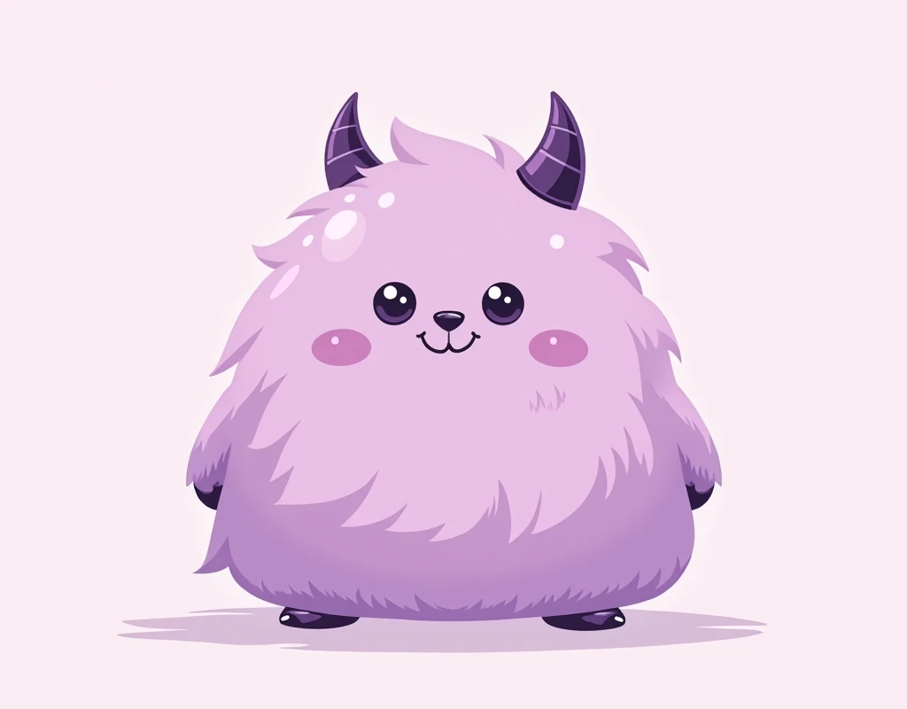 A simple, vector-style cartoon A cute vector monster with a fluffy, round shape and two small horns. It has two big, round eyes, a tiny smile, and short little arms. The monster is one solid color, such as light purple or pink, and has a simple black outli...