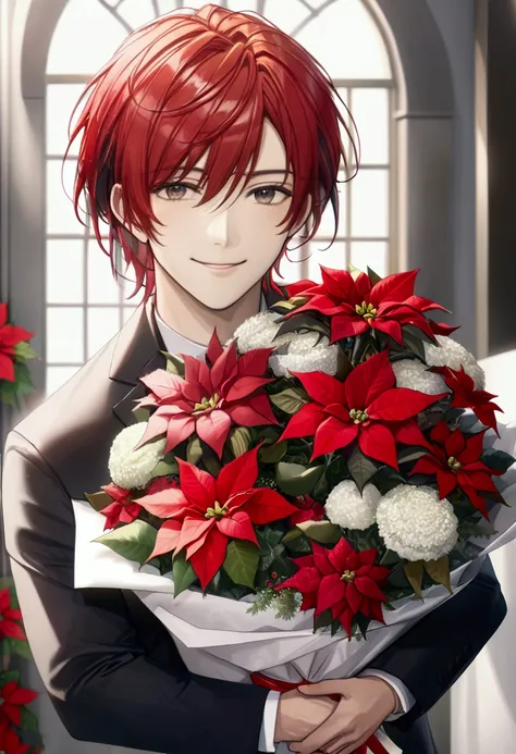  Cool Handsome Man、Bouquet in hand、Smile a little、 Highly detailed CG Unity 8k wallpaper 、（super masterpiece、 photorealistic、 hyperrealistic）、(Poinsettia Bouquet :1.7)、(Red Hair:1.7)、(Medium Hair:1.7)、
