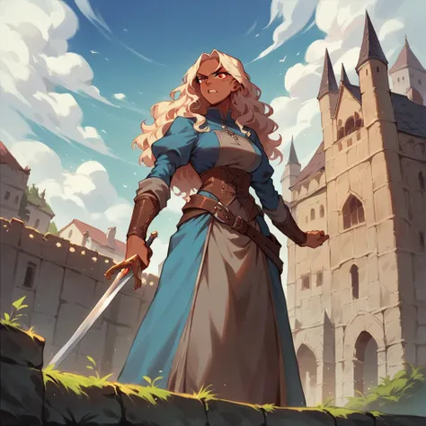 a mature dark skin woman in her late 20s has long black wavy hair and red eyes. she wields a sword with one hand and is wearing medieval clothes. she stands outside a castle. she has a angry look on her face and is shouting.