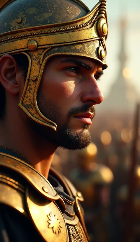 A close-up of Alexander the Great’s face, intense and determined, as he prepares to lead his men into battle. His piercing gaze and strong jawline convey both confidence and bravery. His golden helmet and armor reflect light, emphasizing his commanding pre...