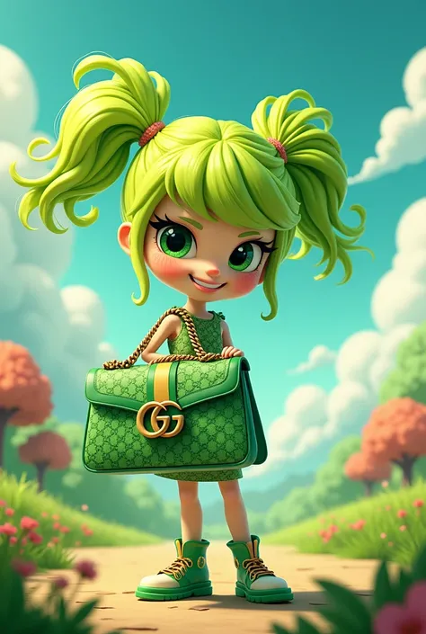 Create an image of Marsha from the cartoon Marsha and the yellow-haired bear and look green holding a Gucci bag
