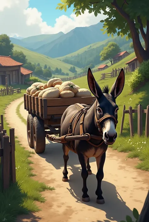 Donkey pulling the loaded wagon 
