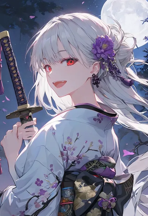 ((Neon glitter )) A Samurai,whole body, seen from afar,Woman holding a sword,A woman holds a sword, open your mouth and laugh,red eyes,Tree Eyes,Black and white hair,Two-tone color,Wearing a kimono,  Undressed ,   The background is night  ,  Gradient Eyes ...