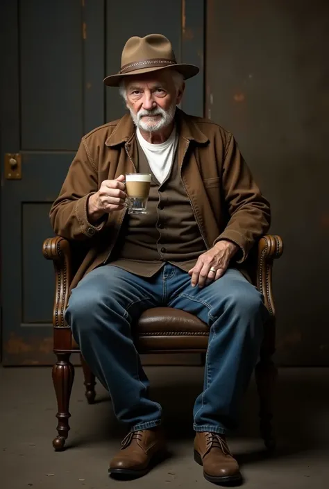 old man, macular, good looking, wearing dirty white Henley, brown cotton waist coat, dark brown jacket, blue jeans, leather shoes, worker style, no beard, white mustache, mining leather hat, seating on chair, full body, and having coffee in glass factory