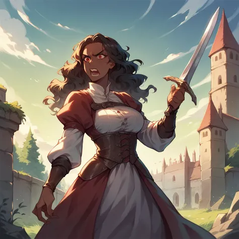 a mature dark skin woman in her late 20s has long black wavy hair and red eyes. she wields a sword with one hand and is wearing medieval clothes. she stands outside a castle. she has a angry look on her face and is shouting.