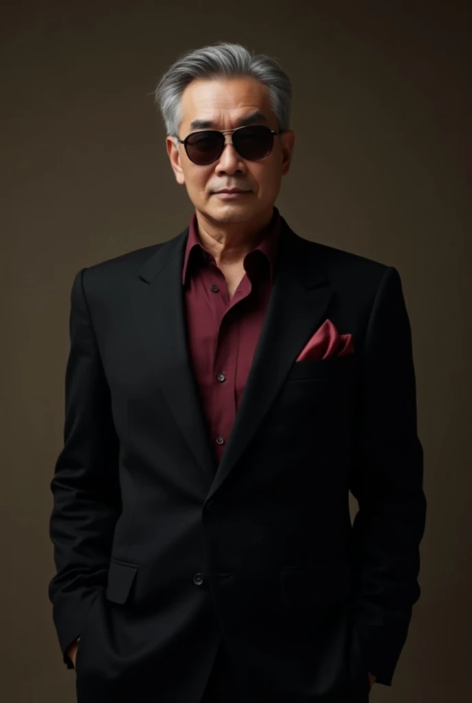   Wear an all-black suit     , burgundy silk shirt，Unfasten the 3 buttons，   burgundy pocket towel ，   black sunglasses     ，No tie   ，Mature and sexy，Chinese uncle