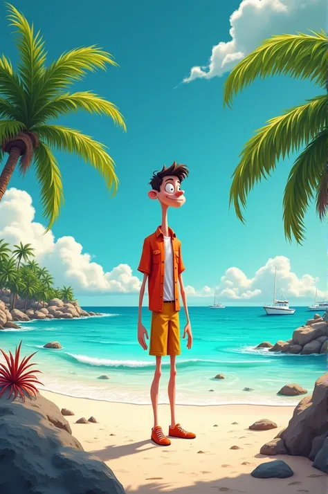 cartoon 4D,A man standing on a beautiful beach.