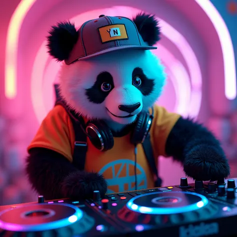  You could make the face of a panda bear Dj , ultrarealistic, In first person with , neon colors,  a rapper cap from the YN ,  a t-shirt with bright colors and big headphones on