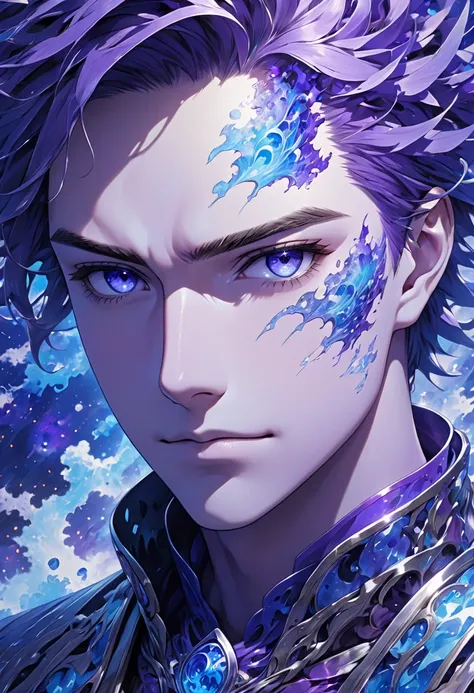 man anime face close up front view purple blue  elemental affinity