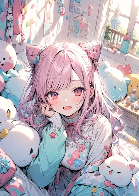 （ high quality:2）,（ Hi-Res:2）, Alone, （beautiful girl 2）,  1woman、hair,  pink hair, red eyes,  medium breast, 、smile、swept bangs 、cowboy shot、 angle from above 、Cute room、pop、A lot of stuffed animals 、long hair、cone hair bun、 Pink Ribbon 、 based on light p...