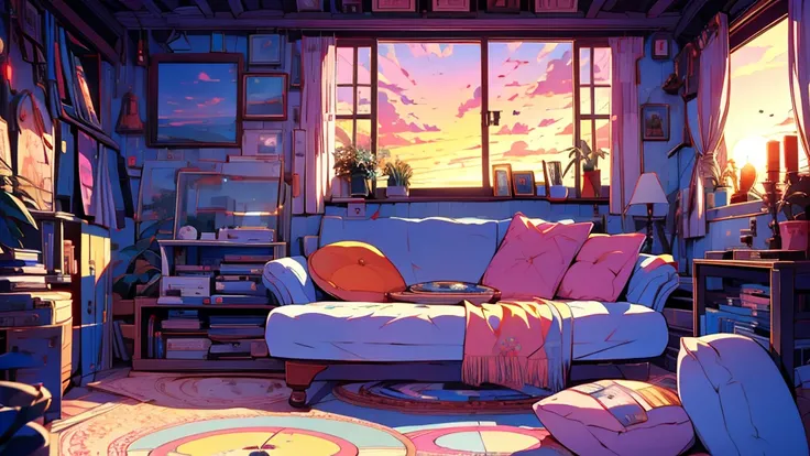 Attic、Round window、 sunset shining in 、Soft Light、Sofa、Books are lined up on the bookshelf、 music is playing from a record player、LOFI、chill、Dozing off