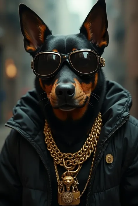 dog wearing goggles and gold chain and jewellery just like thug life

