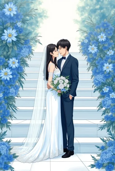 Drawing of a newlywed couple , The bride in the white dress with long sleeves , The dress covered with no necklines  ,  in a background of stairs surrounded by flowers, Shades of blue,  the bride with long black hair and long veil 