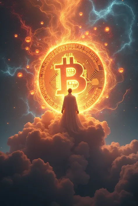 inconceivable and spectacular a scene of emergence of a figure from the glowing bitcoin cloud, fractal nebula threads, cosmic entities having bitcoin, celestial, cosmic with bitcoin, vibrant and vivid, swirls, twirling, unrealistic, high contrast, symoboli...