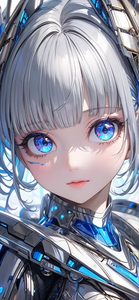 Ultra high resolution, rich colors, perfect image, top quality, detailed image, beautiful woman, glowing skin, texture of skin and clothes, delicate eyes, near-future cyber world, cyber idol costume, navigator style, (((silver bob hair))), blue eyes