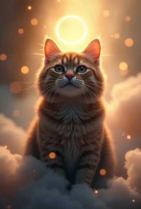 A cat with dark brown fur, smiling in heaven, with a ring on its head