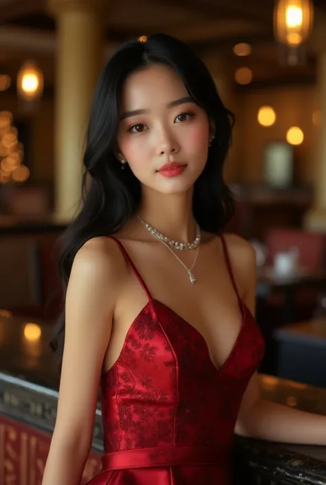 Ultra Realistic close upper body portrait photo of a beautiful long black straight haired young asian Bridesmaid with beautiful houreglass figure. Full figure, slightly curvy, light skin, She stands in the ballroom and leans on the counter. She smiles and ...