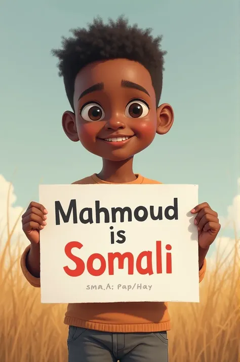 A realistic image of a young boy holding a board that reads  Mahmoud is Somali  in bold, clear text. The boy is standing outdoors in a peaceful, neutral environment, symbolizing civic participation. The design is clean and uplifting, with a background feat...