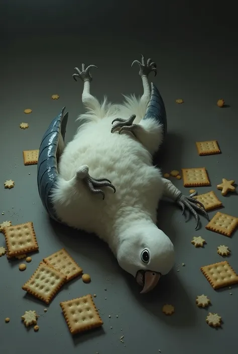 Dead parrot with crackers lying on its side