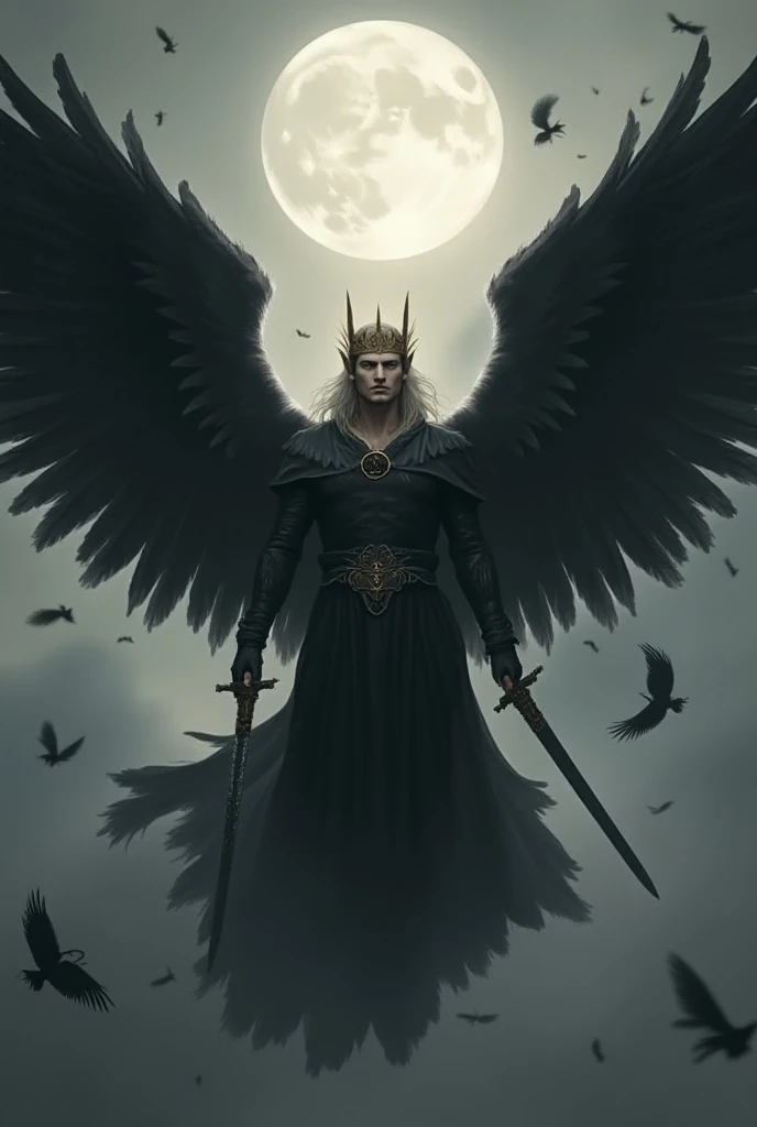  Create an image with a gray background of an angel man in the sky with black wings and a golden crown on his head, Around black feathers floating . In the background a moon what does it say in the centrov18cd . In the hands of the angel with swords 
