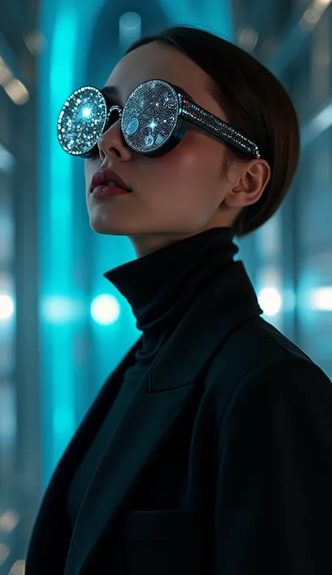 The model is wearing glass sunglasses with stars and the moon on the glas