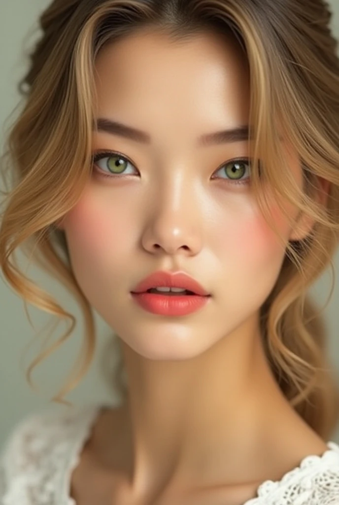 Make up Korean Perfect face blonde hair full lips green eyes fashionable mix of korean and russian features