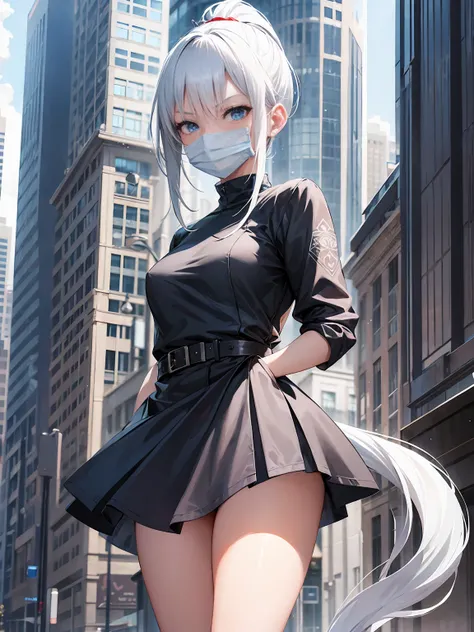 1 Beautiful white haired, girl, ponytail, blue eyes, ninja girl, city, miniskirt, casual minidress, upskirt, ninja face mask, full, solo, hyperdetailed body