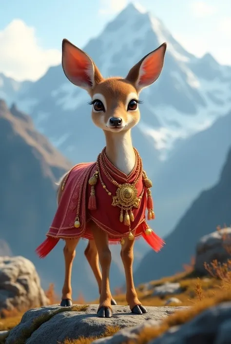 Realistic baby deer with red Tibetan cloths gold necklaces hanging on the mountain