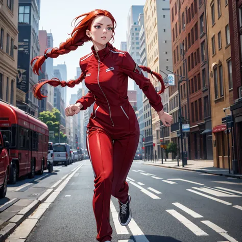 A redhead woman, long braids, running on a street, trachsuit