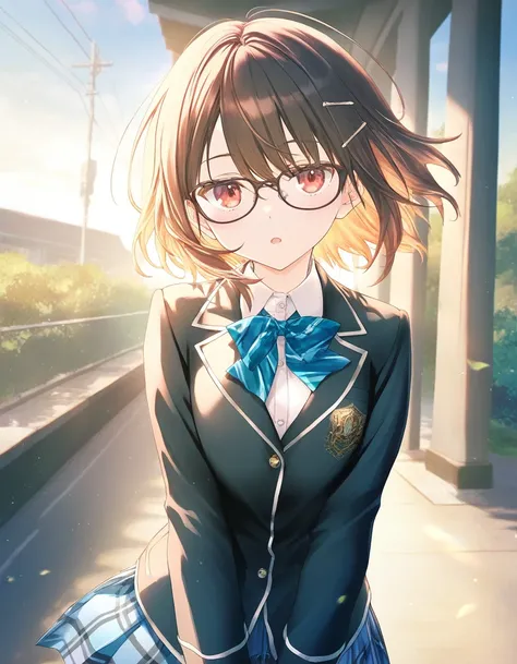 1girl, little female, school uniform, short hair, beautiful breasts, glasses, jitome, open mouth, outdoors,wind, game CG break,((artist:shida_kazuhiro)),(artist:mitsumi_misato),(artist:fujiyama),,(masterpiece), (best quality), (ultra-detailed), very aesthe...