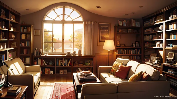 Attic、Large round window 、 sunset shining in 、Soft Light、Warm lighting、Sofa、Books are lined up on the bookshelf、 music is playing from a record player、Girl&#39;s back view、LOFI、chill、Ambient