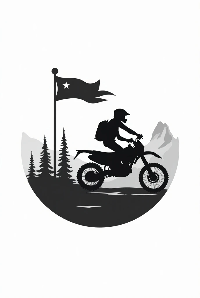 Simple monochrome adventure motorcyclist logo that says VIAJES FOX Chile flag in the sky Araucarias and Torres del Paine volcano