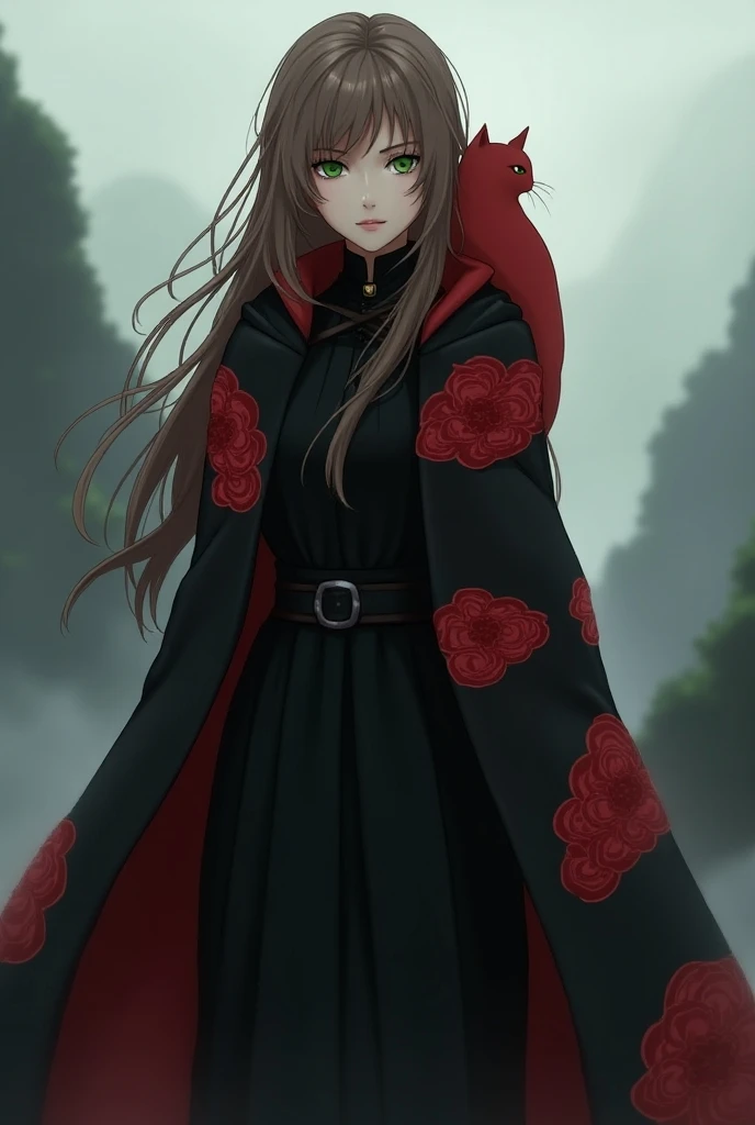 Girl with brown hair and green eyes wearing an Akatsuki outfit with her red cat on her shoulder
