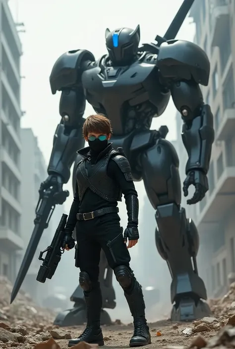 A young man wearing a black mask, blue-blue glasses, brown hair, wearing a black high-tech island suit, holding a gun-wielding sword, and then with a black giant robot carrying a sword standing next to him in a damaged city.