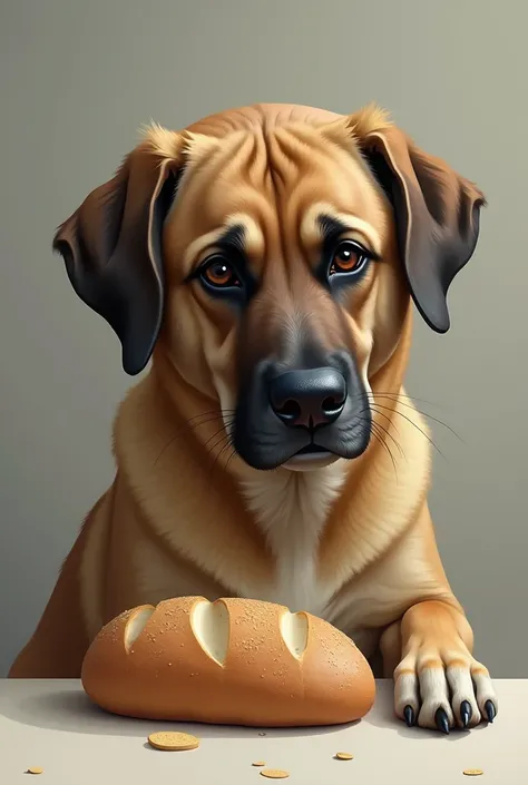 A dog is sad and eating bread