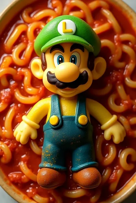  pasta dish shaped like the character Luigi de Mario Bros topped with tomato sauce and cheese