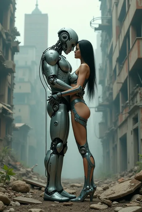 Big destroyed city, Sexual relationship between a male cyborg and a female cyborg on the roof of a skyscraper, high quality, best quality, absurdres, masterpiece, beautiful, intricate details, 1/2 body crop, slim body, beautiful figure, magnificent anatomy...