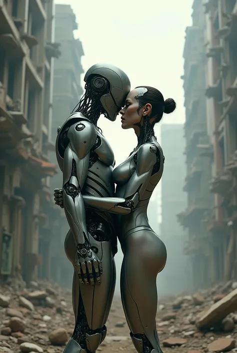 Big destroyed city, Sexual relationship between a male cyborg and a female cyborg on the roof of a skyscraper, high quality, best quality, absurdres, masterpiece, beautiful, intricate details, 1/2 body crop, slim body, beautiful figure, magnificent anatomy...