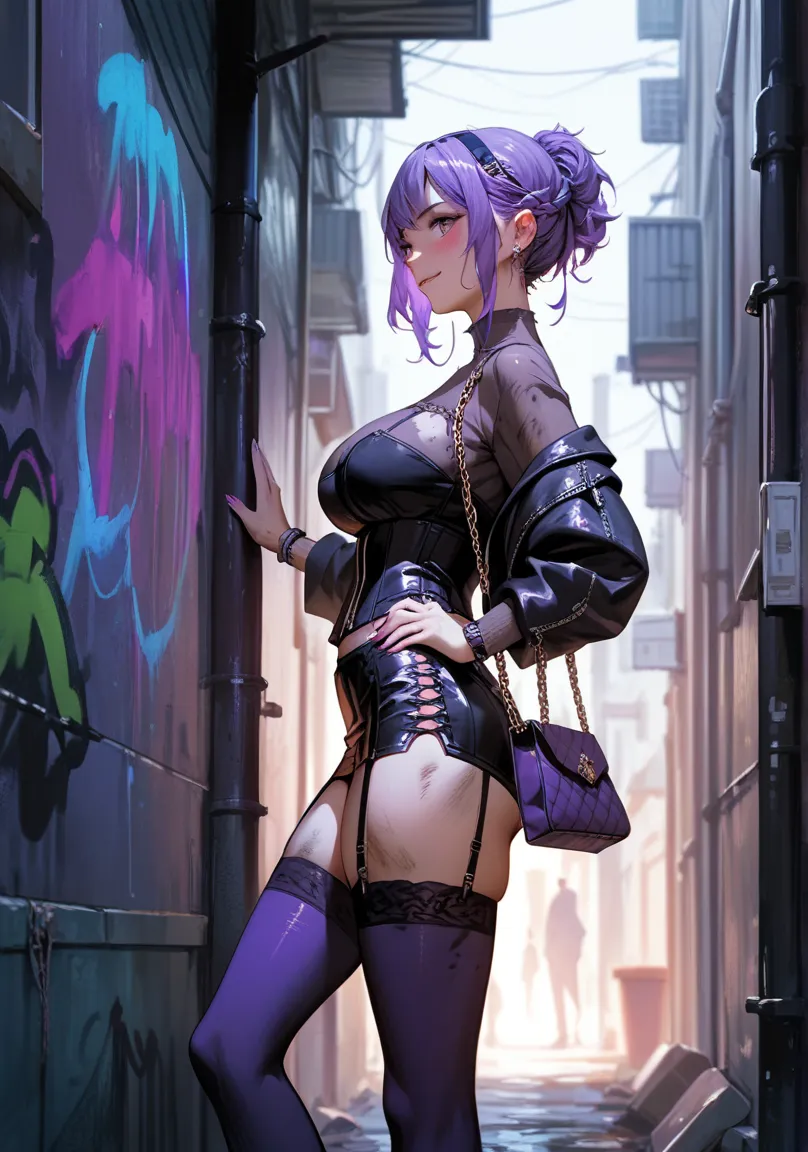 ,ruanyi1205,outdoors,dirty,alley,door,graffiti,,ruanyi1194,purple panties,purple thighhighs,black jacket,handbag,garter straps,p...