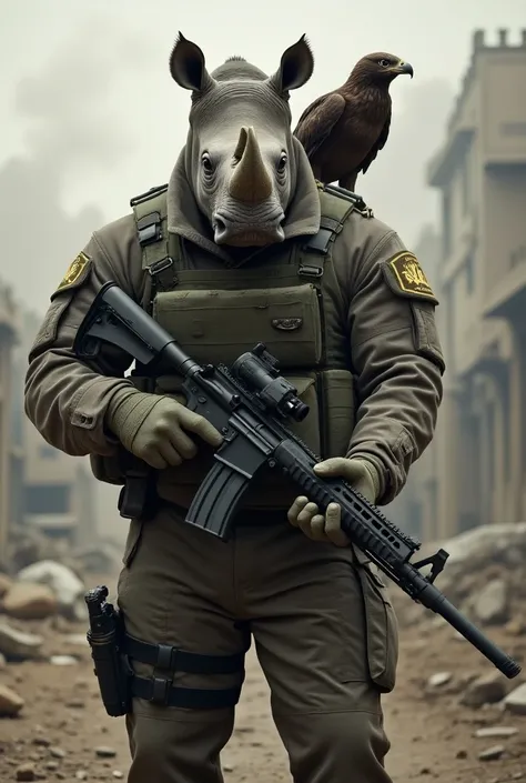 Create an ultra-realistic image of a standing rhinoceros, dressed in a United States Special Forces outfit, holding a large firearm. The rhino must have a strong, imposing presence, and its uniform must reflect a combat-ready, high-risk environment. Perche...