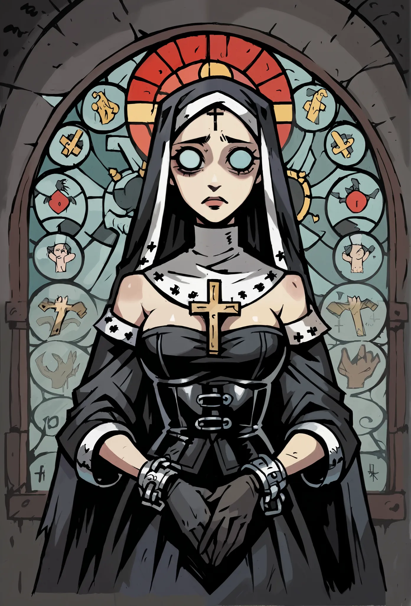 draw a female character with an aesthetic that mixes catholic symbolism and bdsm elements.  she wears a clothing inspired by a r...