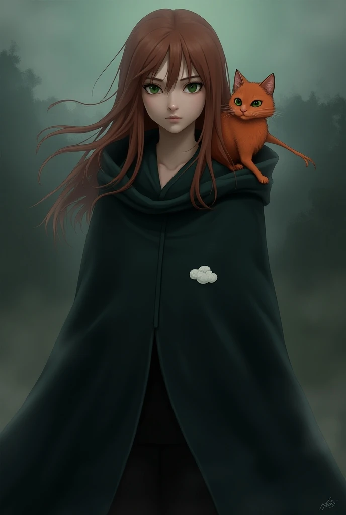 Girl with brown hair and green eyes wearing an Akatsuki outfit who carries her red tabby cat on her shoulder
