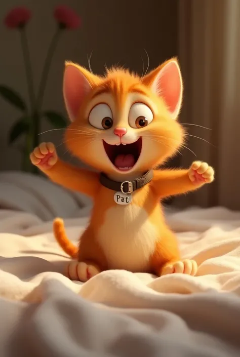  Create an animated orange Pixar-style kitten with a collar that says the name PAT, Waking up stretching their legs on a bed