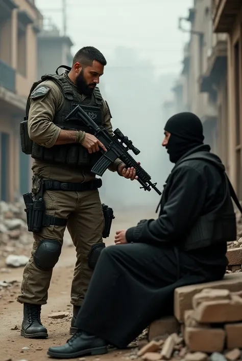 A man with a gun  with a Armor and aiming on a terrorist sitting down 