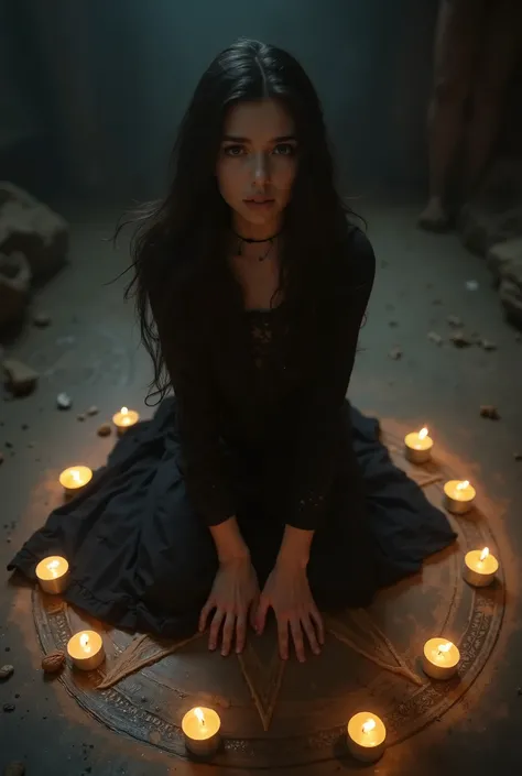 Beautiful young witch looking up at viewer , kneeling, ritual, pentagram on floor , candlelight 