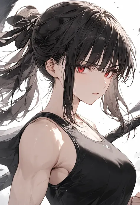 (masterpiece,  Top Quality , Very aesthetic , 4K、illustration),  exquisite detail , 1 woman,Alone,Contrast ,  shining eyes , (Martial artist ), A mature 25 year old,  beautiful face in sportswear bottoms, fingerless gloves,  clenches fist ,  Black Hair ,Ha...