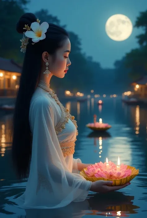 Create a serene scene of a traditional Thai woman with a ghostly, transparent appearance, standing by a river under a full moon. The woman is wearing an elegant Thai outfit, with long black hair adorned with a white frangipani flower and traditional Thai j...