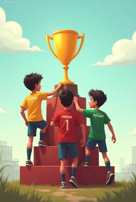 Can you make a picture of a trophy on stair three boy trying to climb the first one is wearing yellow jersay and nearest to trophy on his back name is Usman and the second and third are on the same position one name is IMRAN wearing red jersay and the thir...