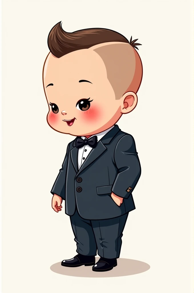 Baby in an elegant low fade cut suit that comes out in profile and in a cartoon